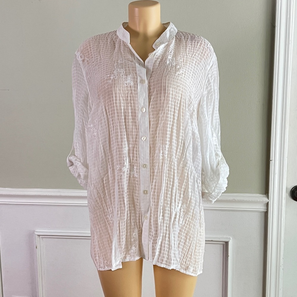 Emma James Blouse 16W Women Embroidered Sheer Plaid Roll Tab White Coastal Boho